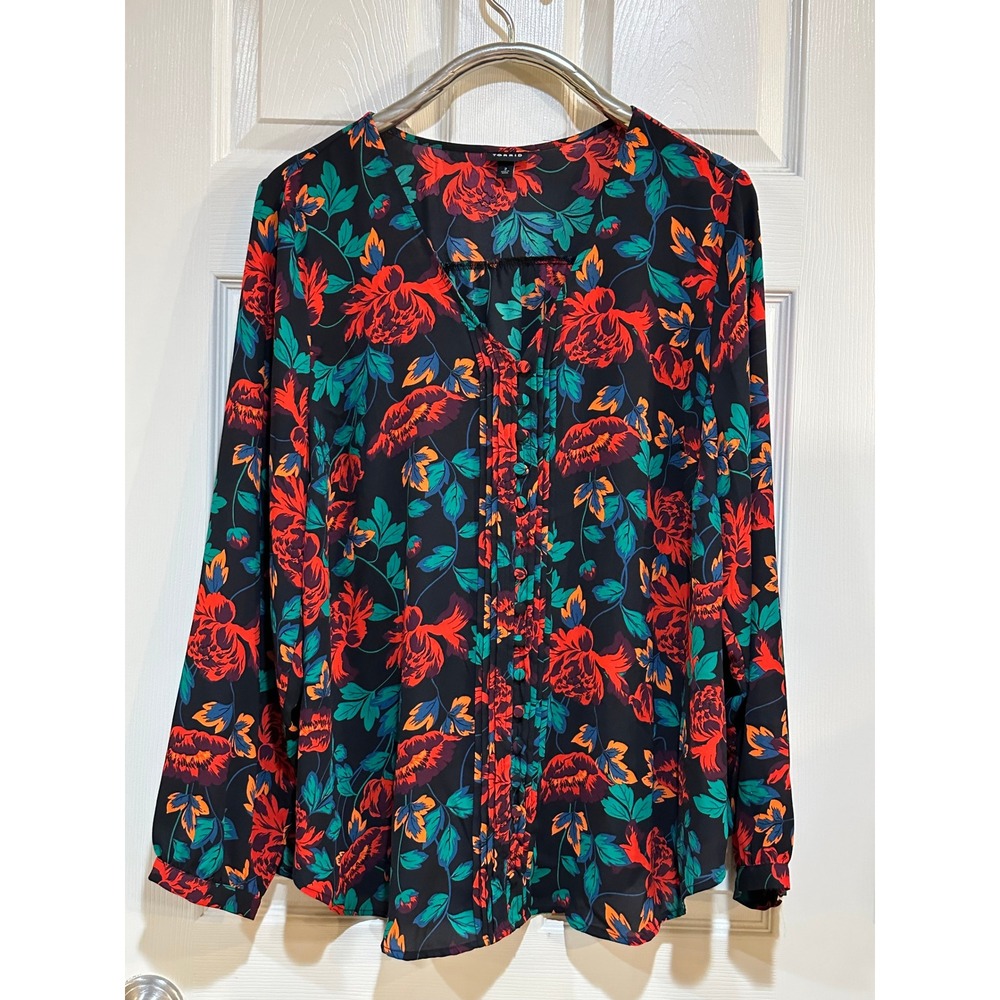 Torrid Red‎ Teal Floral Pintuck V-Neck Blouse Long Sleeve Size 2 Plus Size